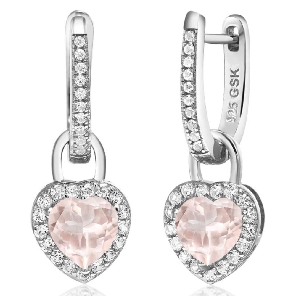 925 Sterling Silver with 1.90 Cttw Rose Quartz and White Sapphire Heart Earrings